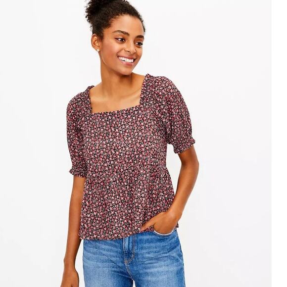 LOFT Tops - Loft Floral Smocked Cropped Sheer Puff Ruffle Sleeves Peplum Top Size XL
